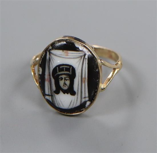 A Russian? yellow metal and two colour enamel oval portrait ring, size G.